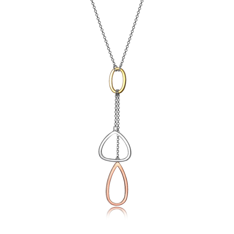 Elle tri-tone sterling silver, gold, and rhodium plated fancy link Y necklace.