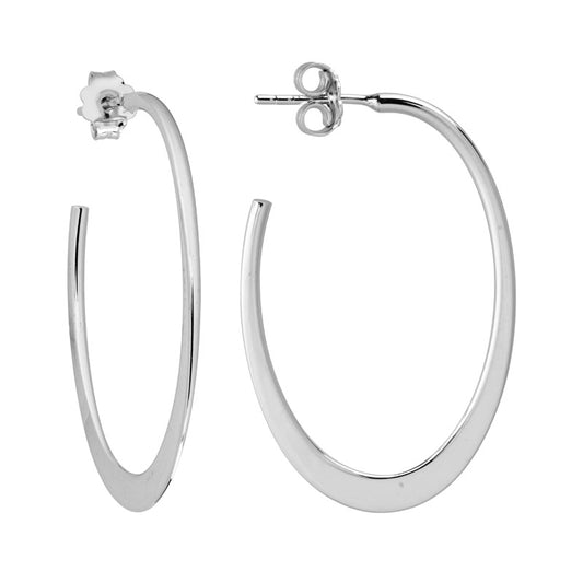 Lady's White Sterling Silver Rhodium Plated Flat Oval Hoop Earrings