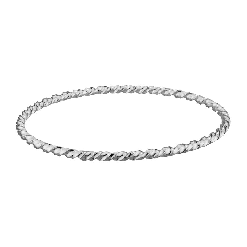 Sterling Silver Rhodium Plated Solid Round Twist Bangle Bracelet
