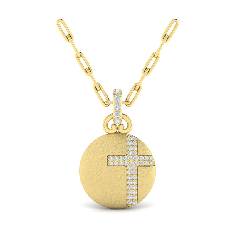 Vlora Ladies Yellow 14 Karat Pave Cross Medallion Pendant and Paperclip Chain