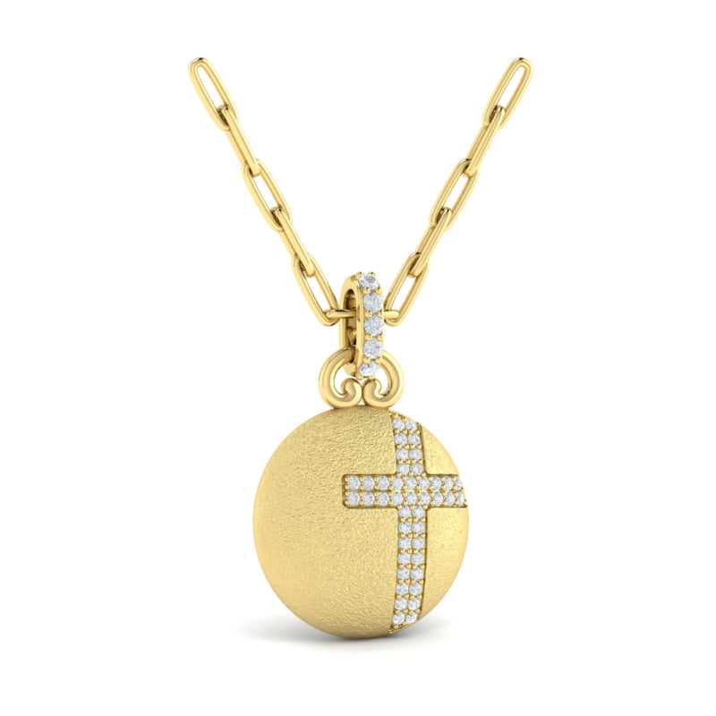 Vlora Ladies Yellow 14 Karat Pave Cross Medallion Pendant and Paperclip Chain