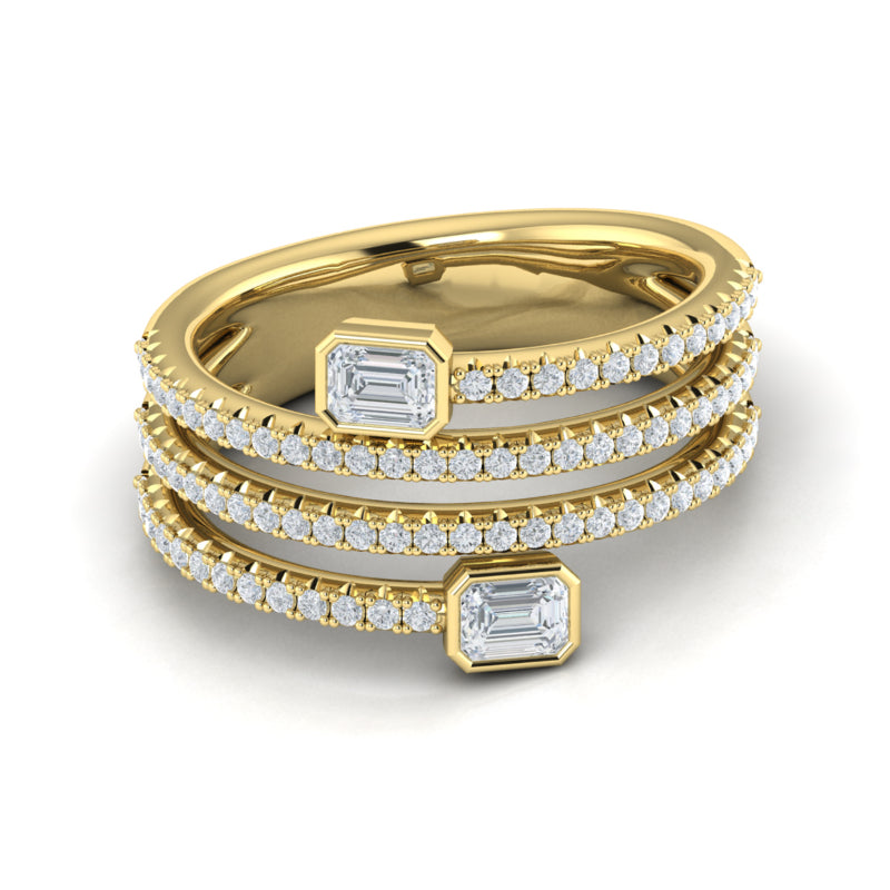 Yellow 14 karat diamond fashion ring with 4 row bypass design