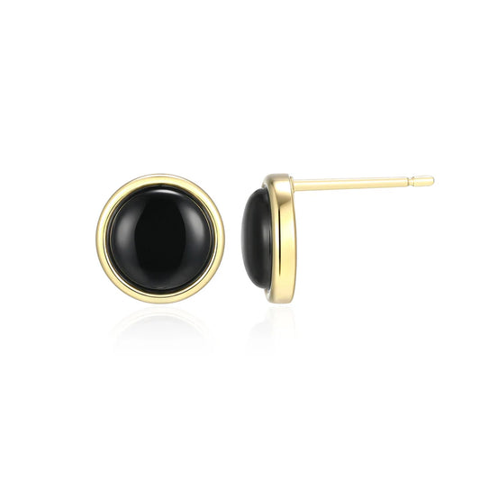 Yellow Sterling Silver Gold Plated Bezel Black Agates Earrings