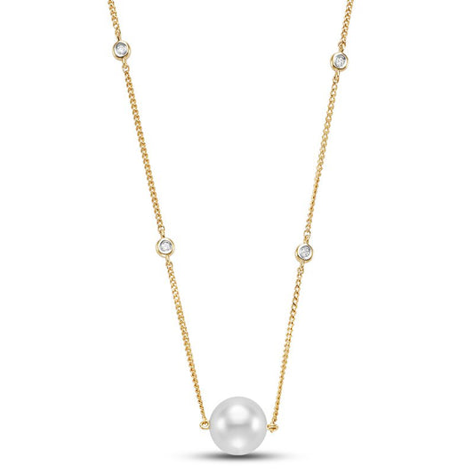 Yellow 14 Karat Diamonds With Pearl Necklace 18"