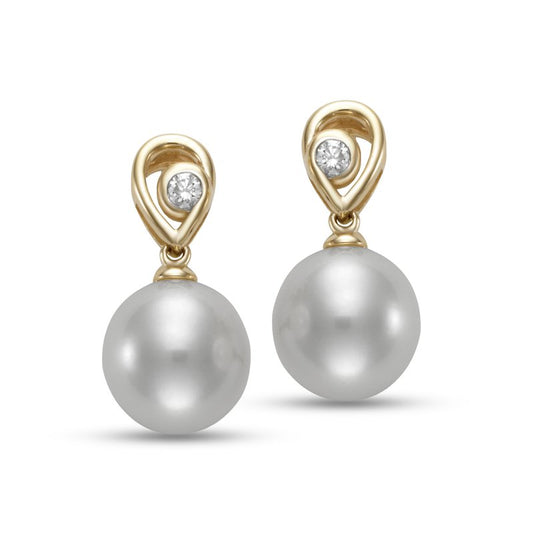 Yellow 14 Karat Diamond And Pearl Earrings