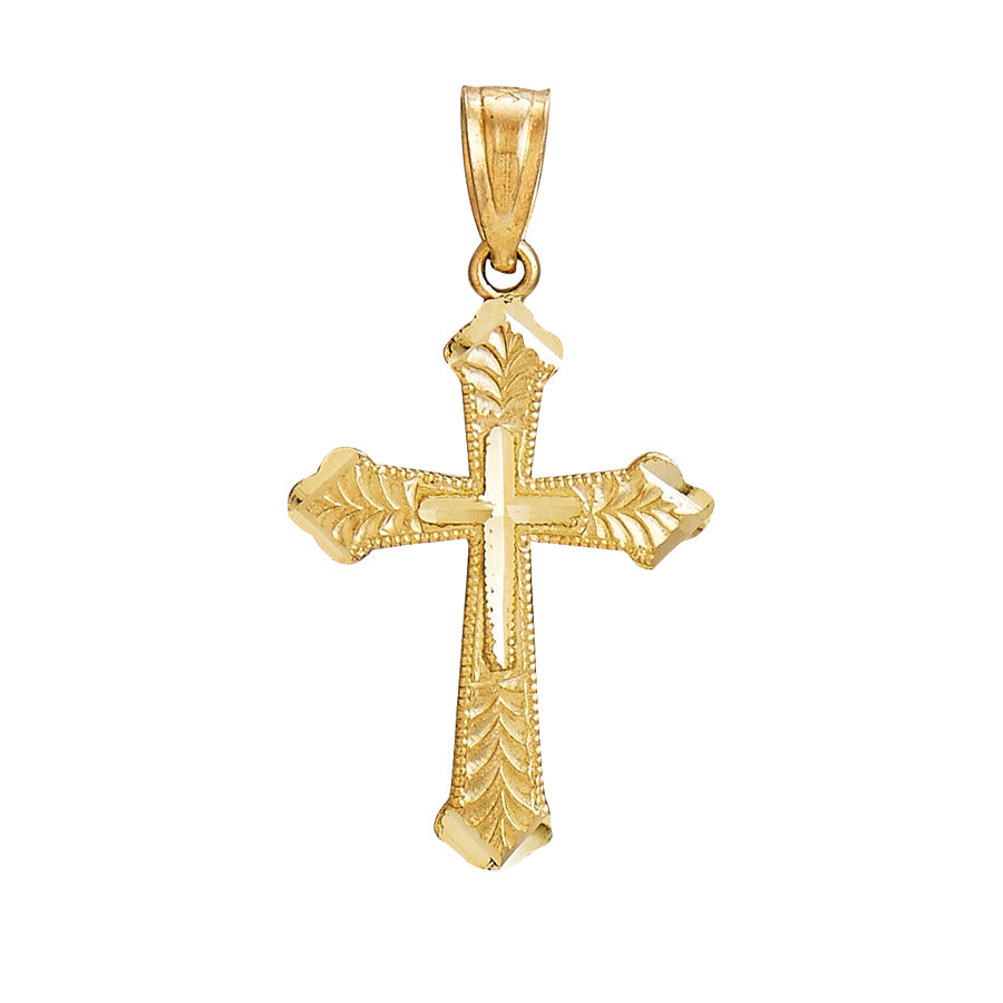 14 Karat Yellow Gold Diamond Cut Fancy Edge Cross Pendant