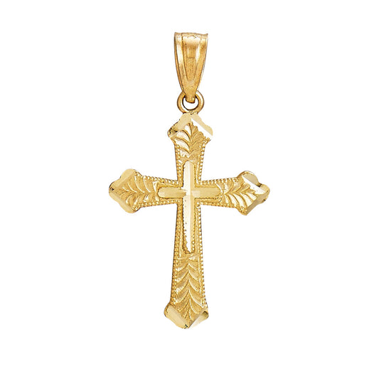 14 Karat Yellow Gold Diamond Cut Fancy Edge Cross Pendant