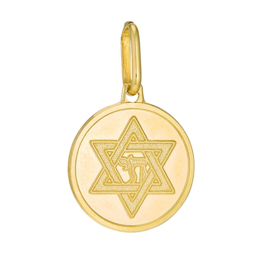 14 Karat Yellow Gold Star Of David Medal With Chai Symbol Pendant