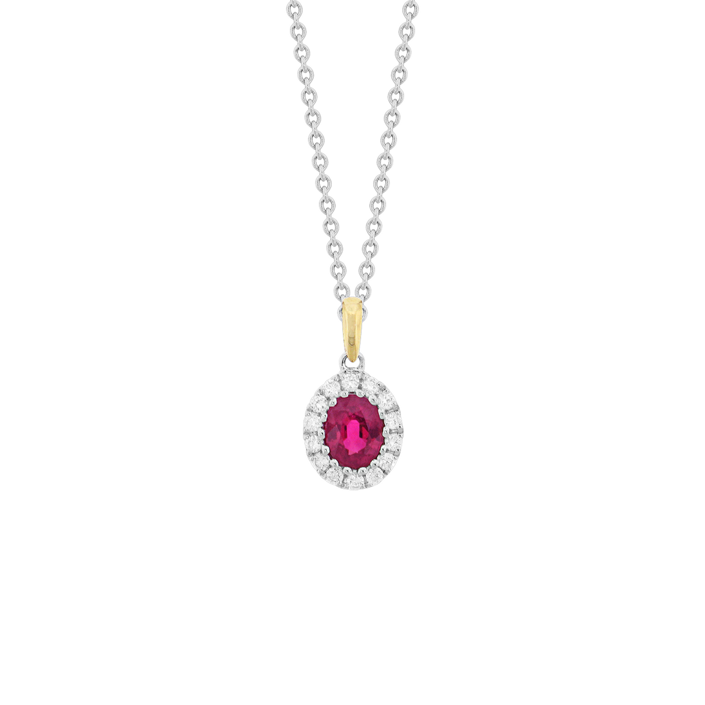 Two Tone Ruby and Diamond 18k Gold Halo Pendant