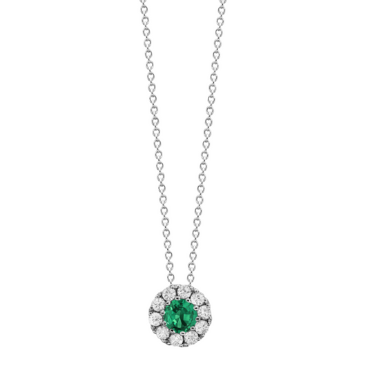 18 Karat White Gold Emerald And Diamond Halo Pendant