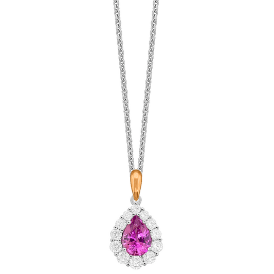 White 18 Karat Pink Sapphire And Diamond Halo Pendant with 18K Rose Gold Bail