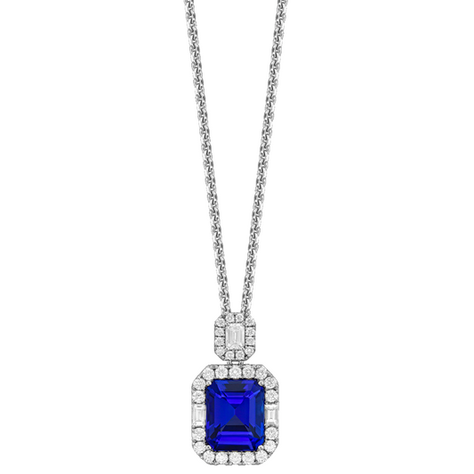 White 18 Karat Tanzanite Drop Halo Pendant