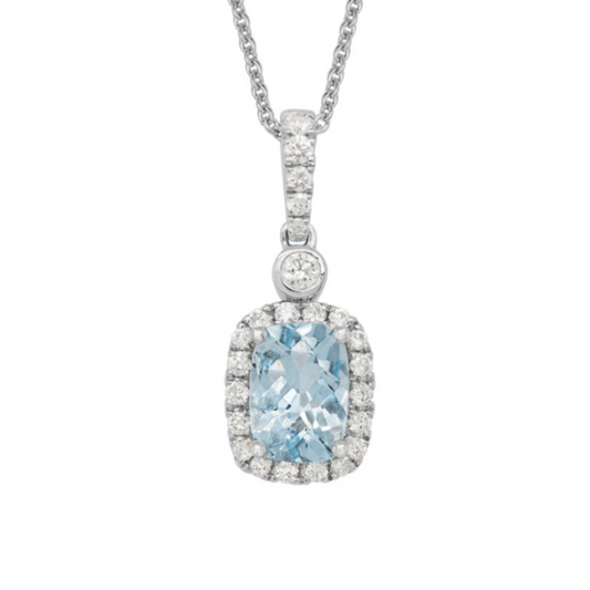 14 Karat White Gold One-of-a-Kind Aquamarine Diamond Halo Pendant