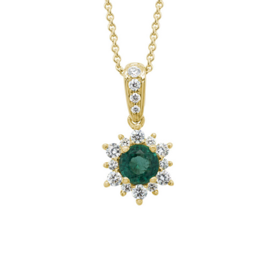 14 Karat Yellow Gold Emerald Diamond Halo Pendant