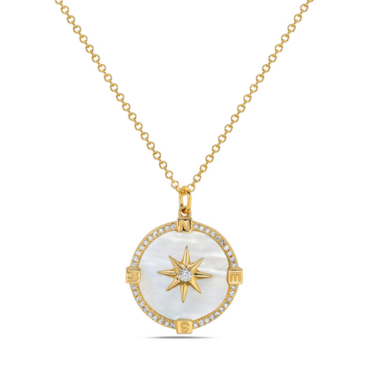 14 Karat Yellow Gold Mother of Pearl And Diamond Compass Pendant 0.12ctw