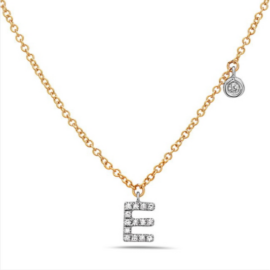 Two Tone 14 Karat Diamond Initial "E" Pendant 0.07ctw
