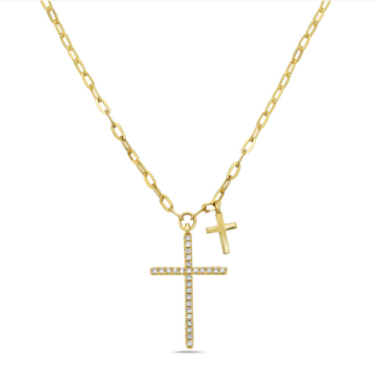 14 Karat Yellow Gold Diamond Cross With Small Cross Necklace 0.07ctw