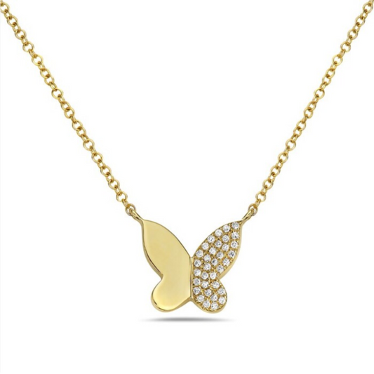 14 Karat Yellow Gold Half Diamond Butterfly Necklace 0.07ctw