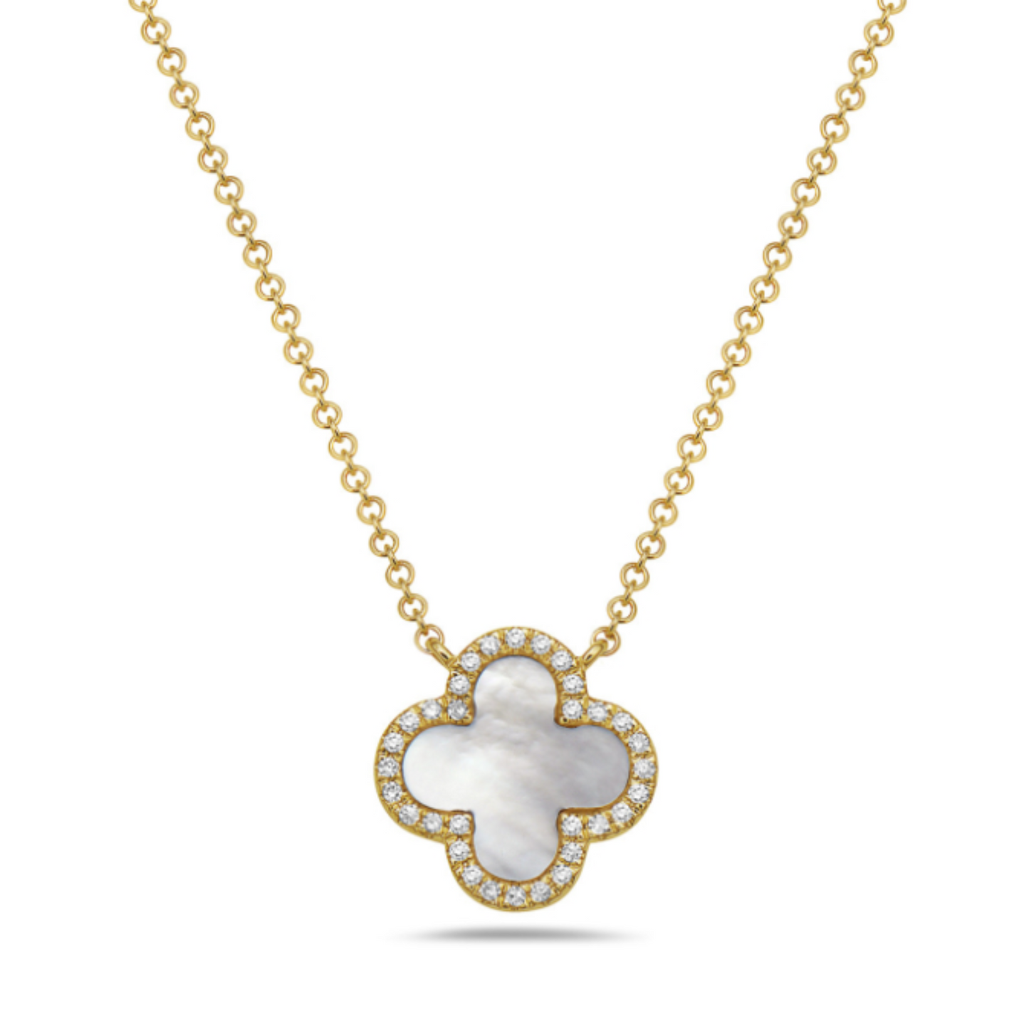 14 Karat Yellow Gold Mother of Pearl Quatrefoil Necklace 0.08ctw