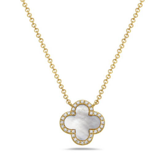 14 Karat Yellow Gold Mother of Pearl Quatrefoil Necklace 0.08ctw