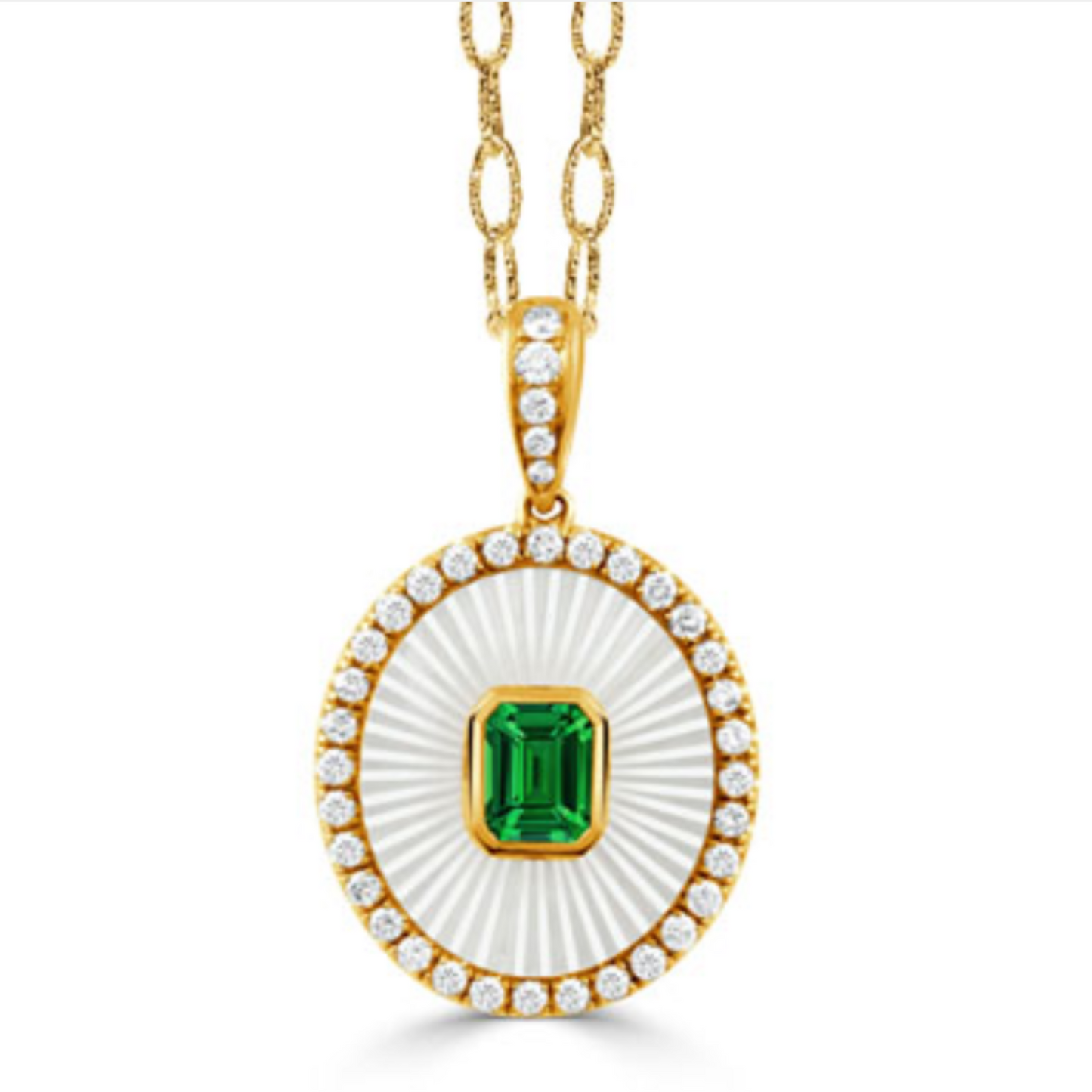 18 Karat Yellow Gold Mother of Pearl and Tsavorite Diamond Halo Pendant