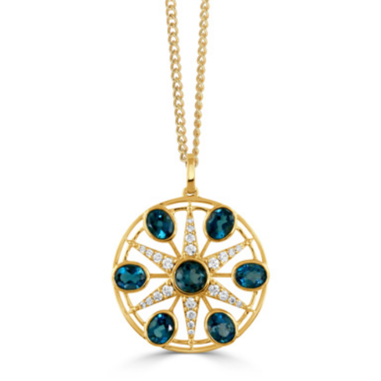 18 Karat Yellow Gold Medallion Diamond and Blue Topaz Pendant