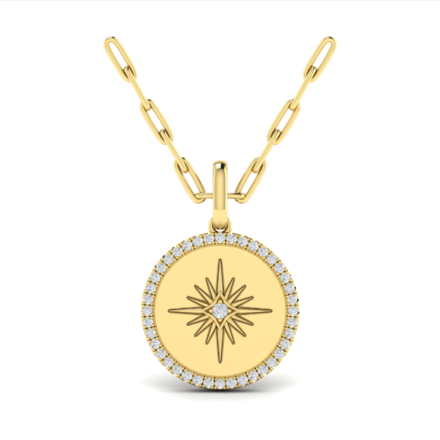 14 Karat Yellow Gold Diamond Starburst Halo Pendant With Paperclip Chain