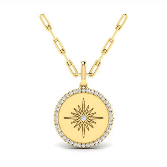 14 Karat Yellow Gold Diamond Starburst Halo Pendant With Paperclip Chain