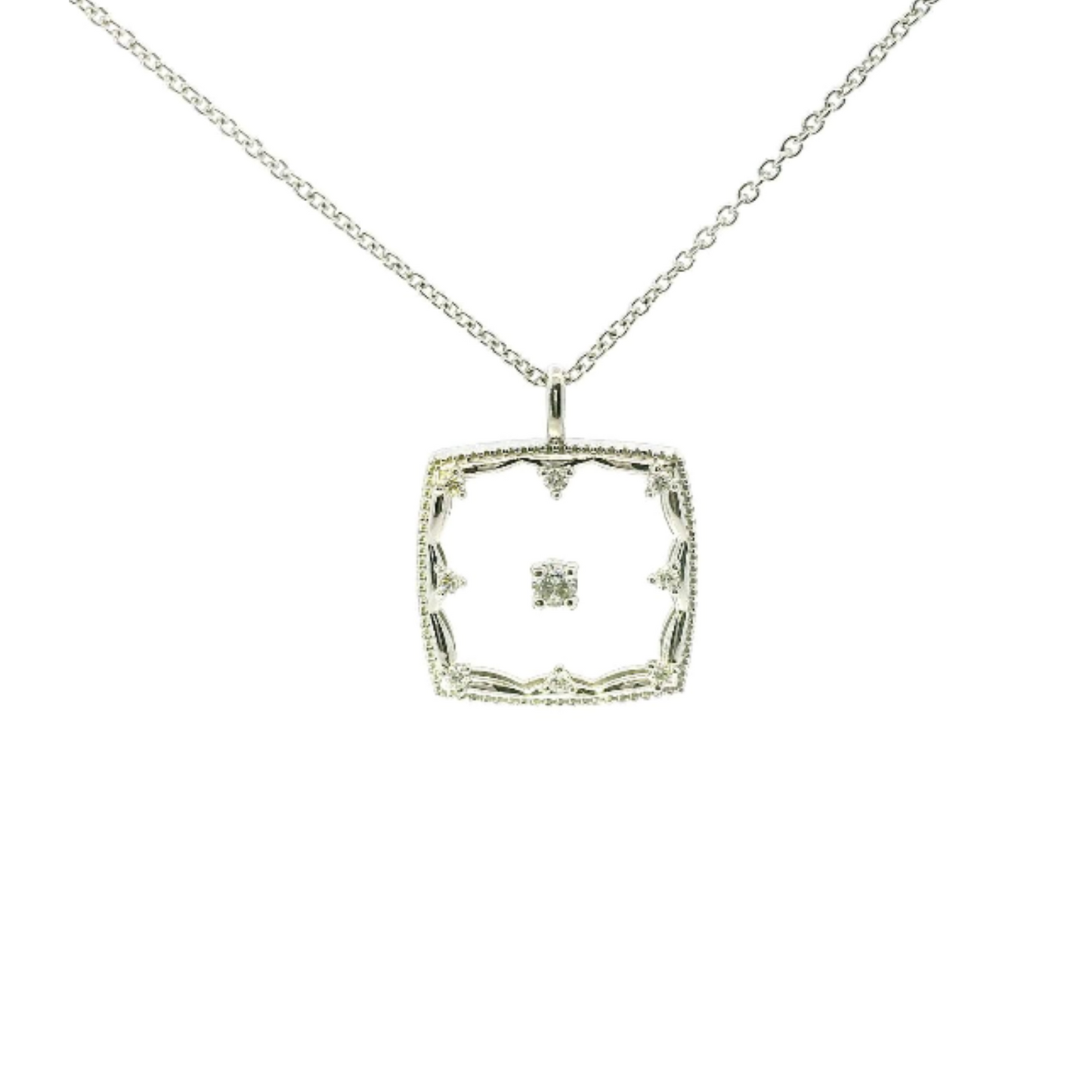 14 Karat White Gold Square Sapphire Crystal and Diamond Pendant .12 ctw