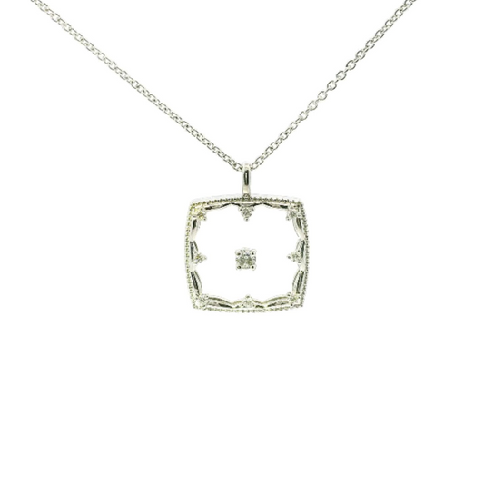 14 Karat White Gold Square Sapphire Crystal and Diamond Pendant .12 ctw