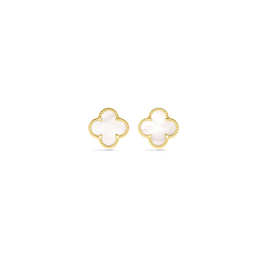 14 Karat Yellow Gold Italian White Mother of Pearl Quatrefoil Earrings