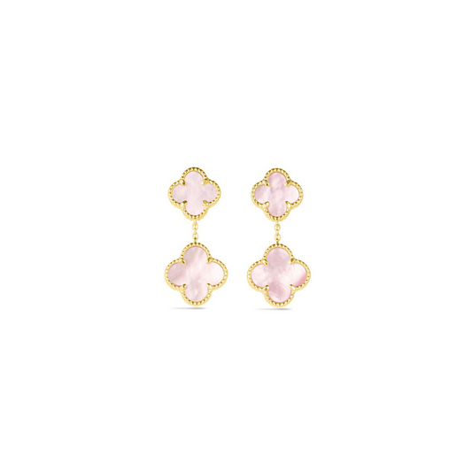 14 Karat Yellow Gold Pink Mother of Pearl Quatrefoil Dangle Earrings