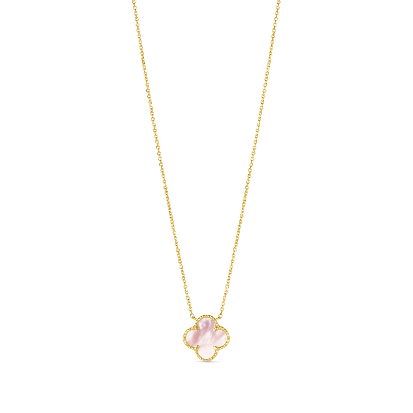 14 Karat Yellow Gold Pink Mother of Pearl Quatrefoil Necklace