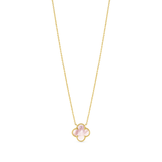 14 Karat Yellow Gold Pink Mother of Pearl Quatrefoil Necklace