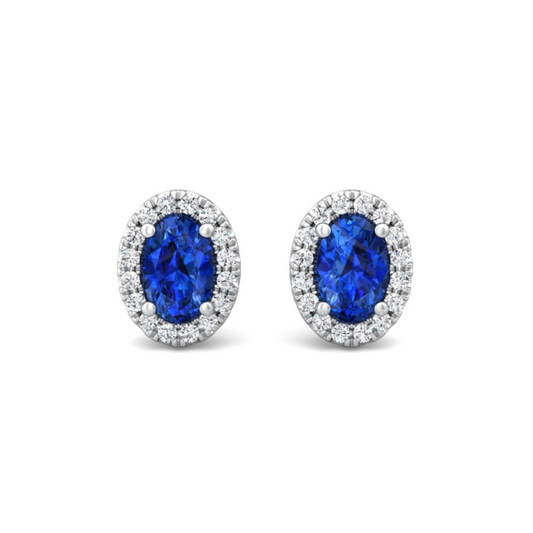 14 Karat White Gold Diamond Halo Sapphire Stud Earrings