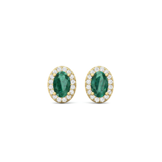 14 Karat Yellow Gold  Diamond Halo and Emerald Stud Earrings