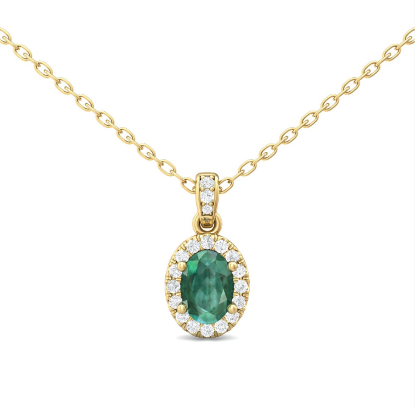 14 Karat Yellow Gold Emerald and Diamond Halo Pendant