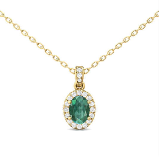 14 Karat Yellow Gold Emerald and Diamond Halo Pendant