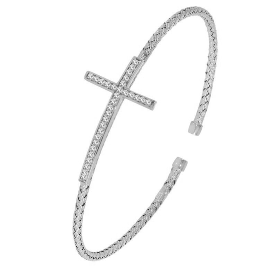 Sterling Silver Rhodium Plated CZ Cross Bracelet