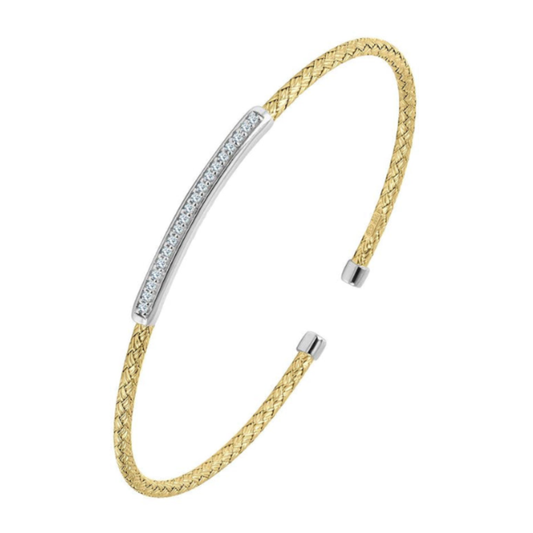 Two Tone Sterling Silver Mesh Cuff Bracelet CZs