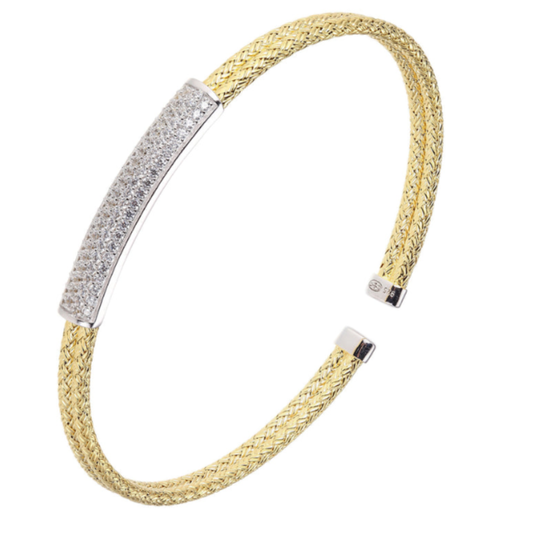 Sterling Silver Yellow Gold Plated Wide CZ Cuff Bracelet