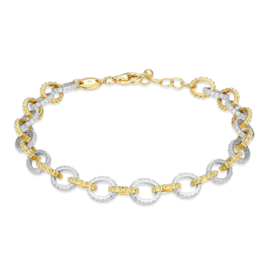 Two Tone Sterling Silver Rhodium/Gold Plated CZ Circle Link Bracelet