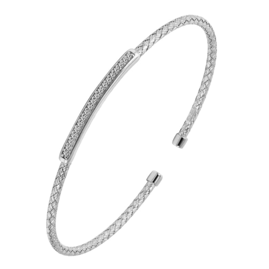 White Sterling Silver Rhodium Plated Mesh Cuff Bracelet CZs