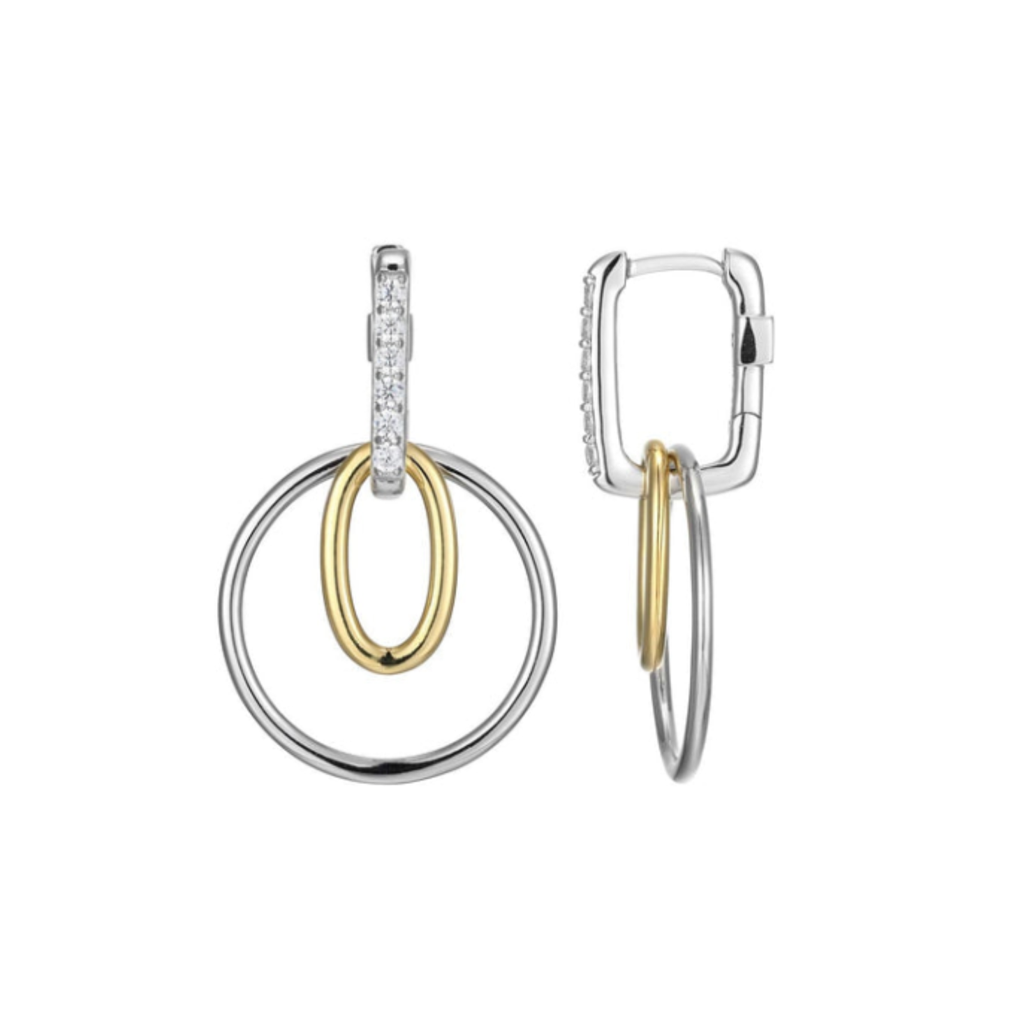 Two Tone Sterling Silver Rhodium/Gold Plated Circle Dangle CZ Earrings