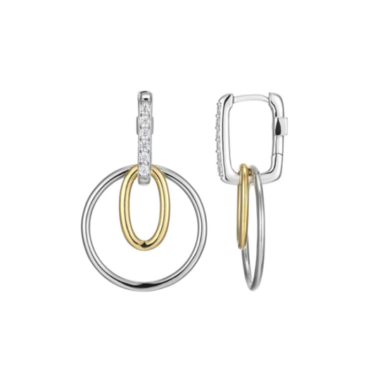 Two Tone Sterling Silver Rhodium/Gold Plated Circle Dangle CZ Earrings