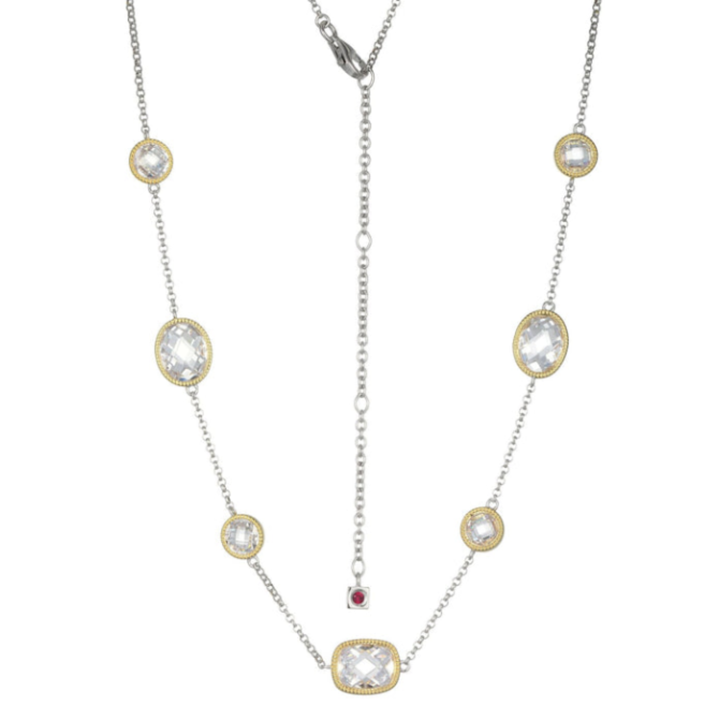 Two Tone Sterling Silver Rhodium/Gold Plated CZ Station Necklace