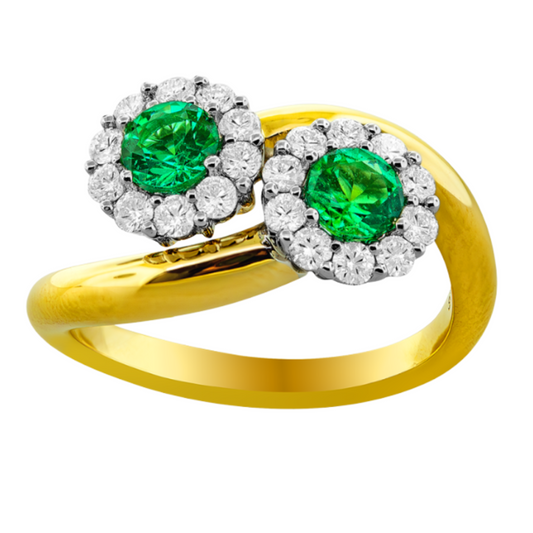 Two Tone 18 Karat Bypass Emerald And Diamond Halo Fashion Ring