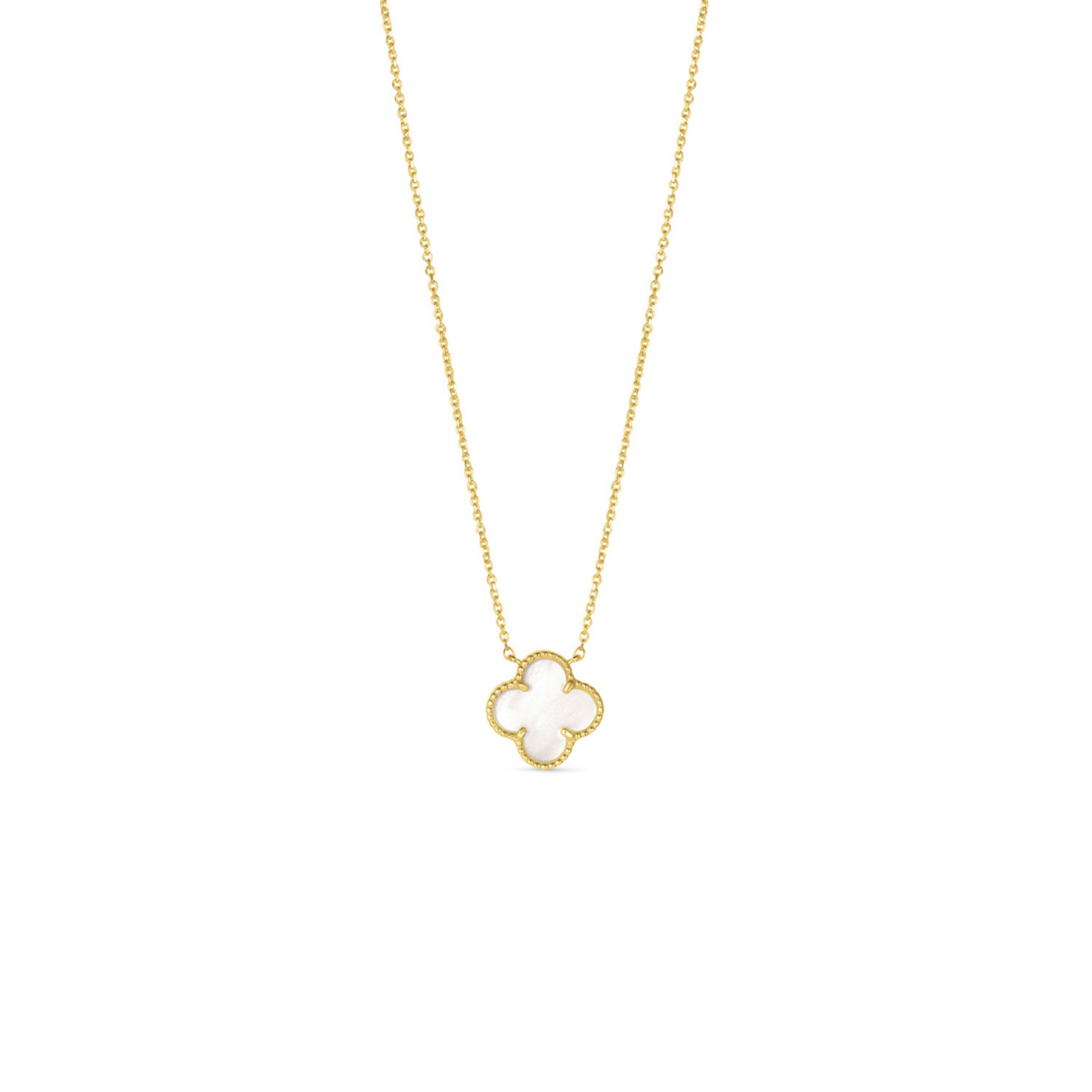 14 Karat Yellow Gold White Mother of Pearl Clover Necklace