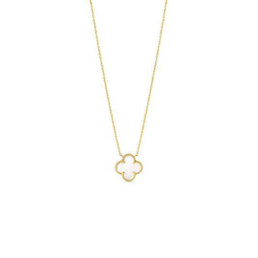 14 Karat Yellow Gold White Mother of Pearl Clover Necklace