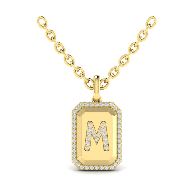 Yellow 14K diamond initial M medallion pendant